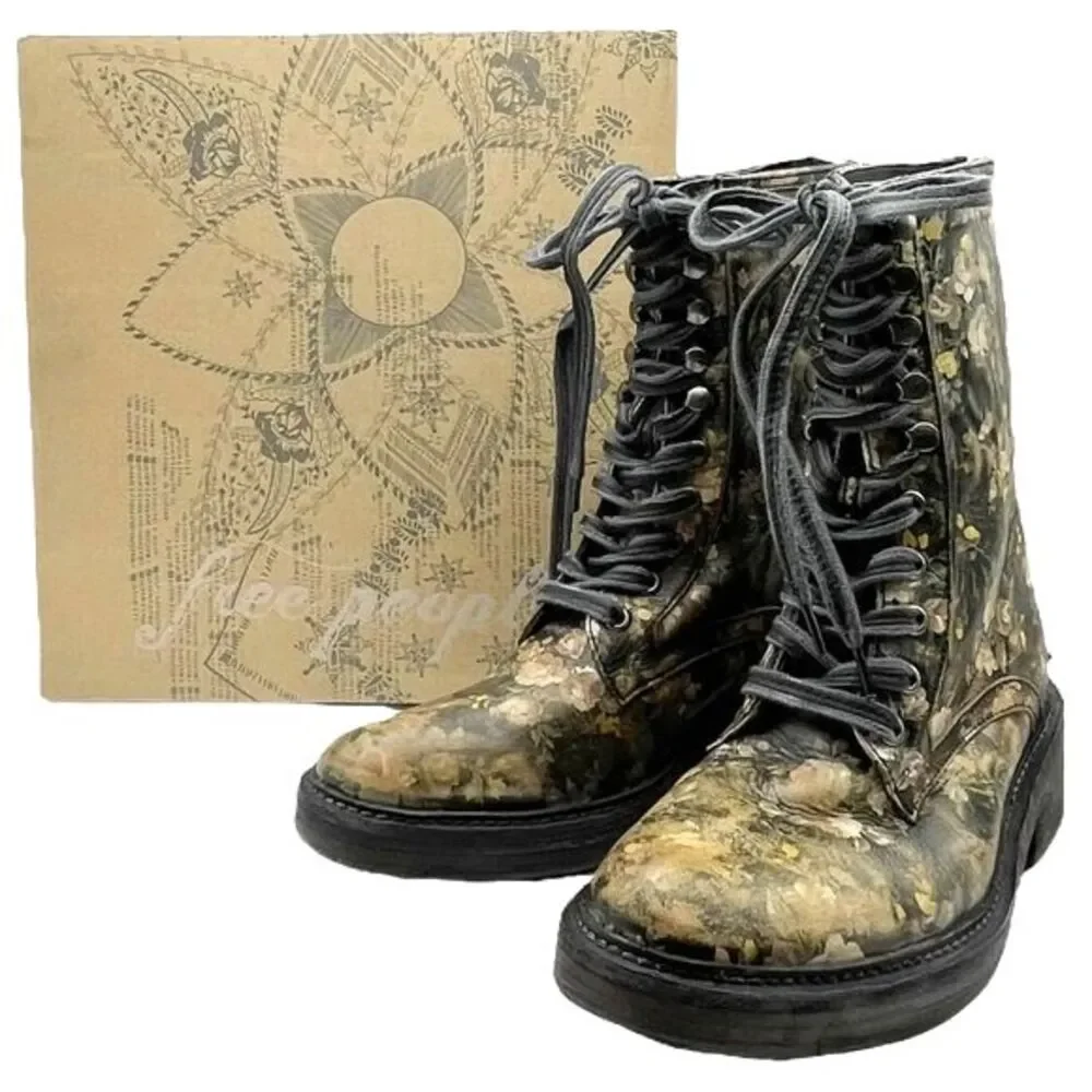 Free People Santa Fe Black Floral Leather Lace-Up Combat Boot Sz US 8 EU 38 NWT